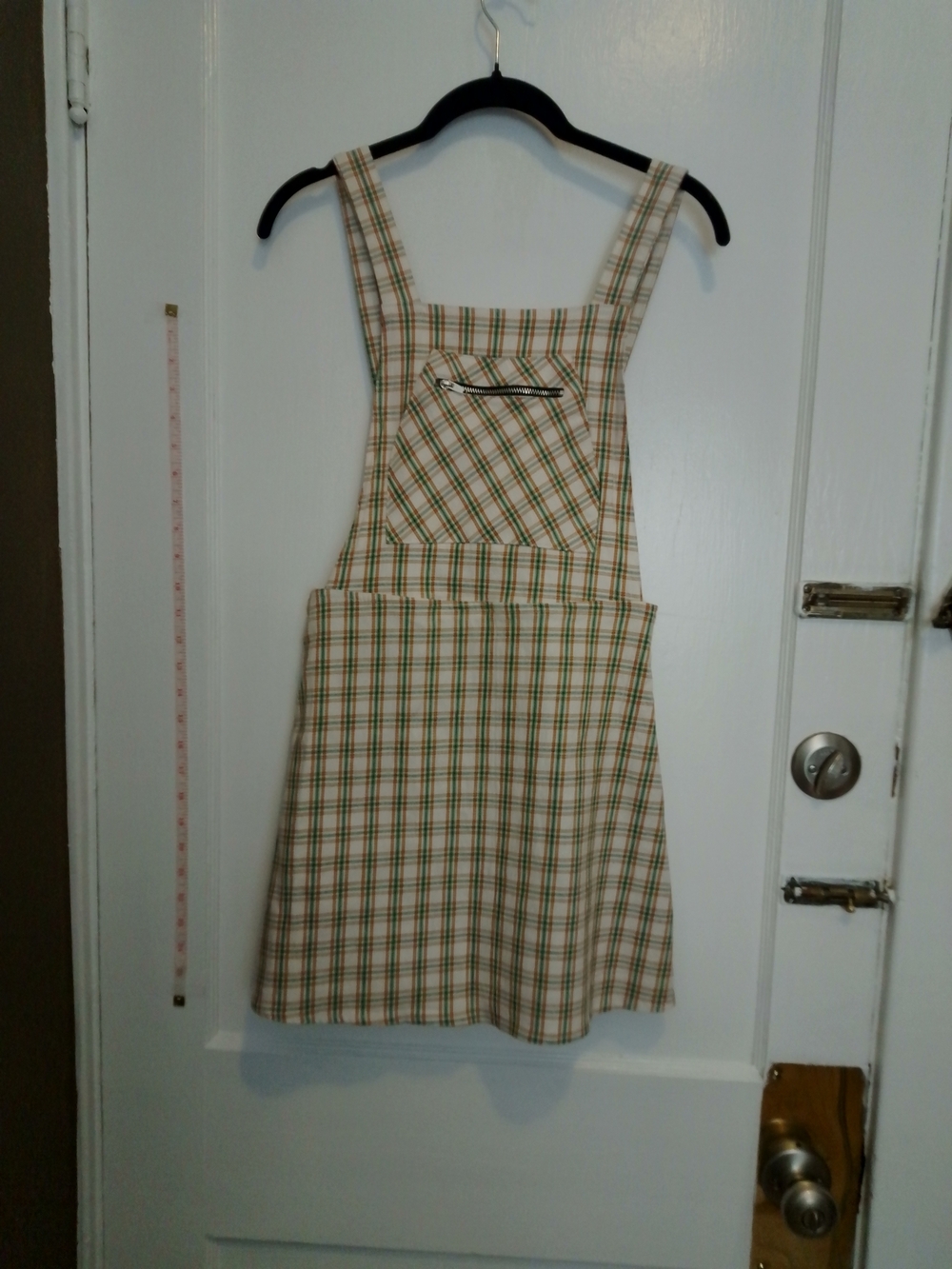 Urban Renewal Cream Plaid Pinafore Dress with Green and Brown Stripes XS